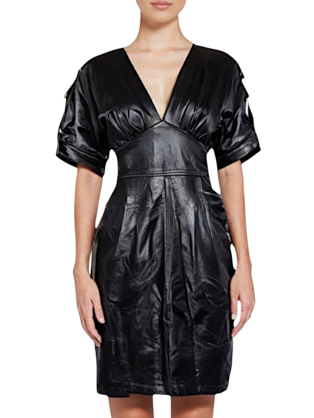 Hugo Boss 100% Leather Lambskin Black Empire Waist Buckles Pockets Dress XS